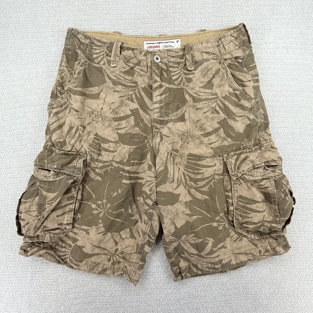 American Eagle Longboard Cargo Shorts Mens 38 Brown 12" Floral Ripstop Y2K